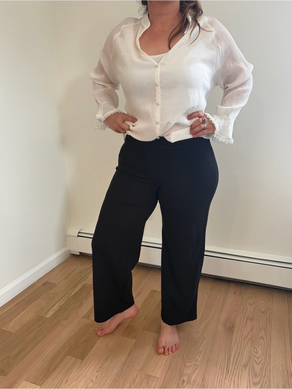 ZARA Off-White Crinkled V-Neck Blouse with Lace Cuffs, Size M